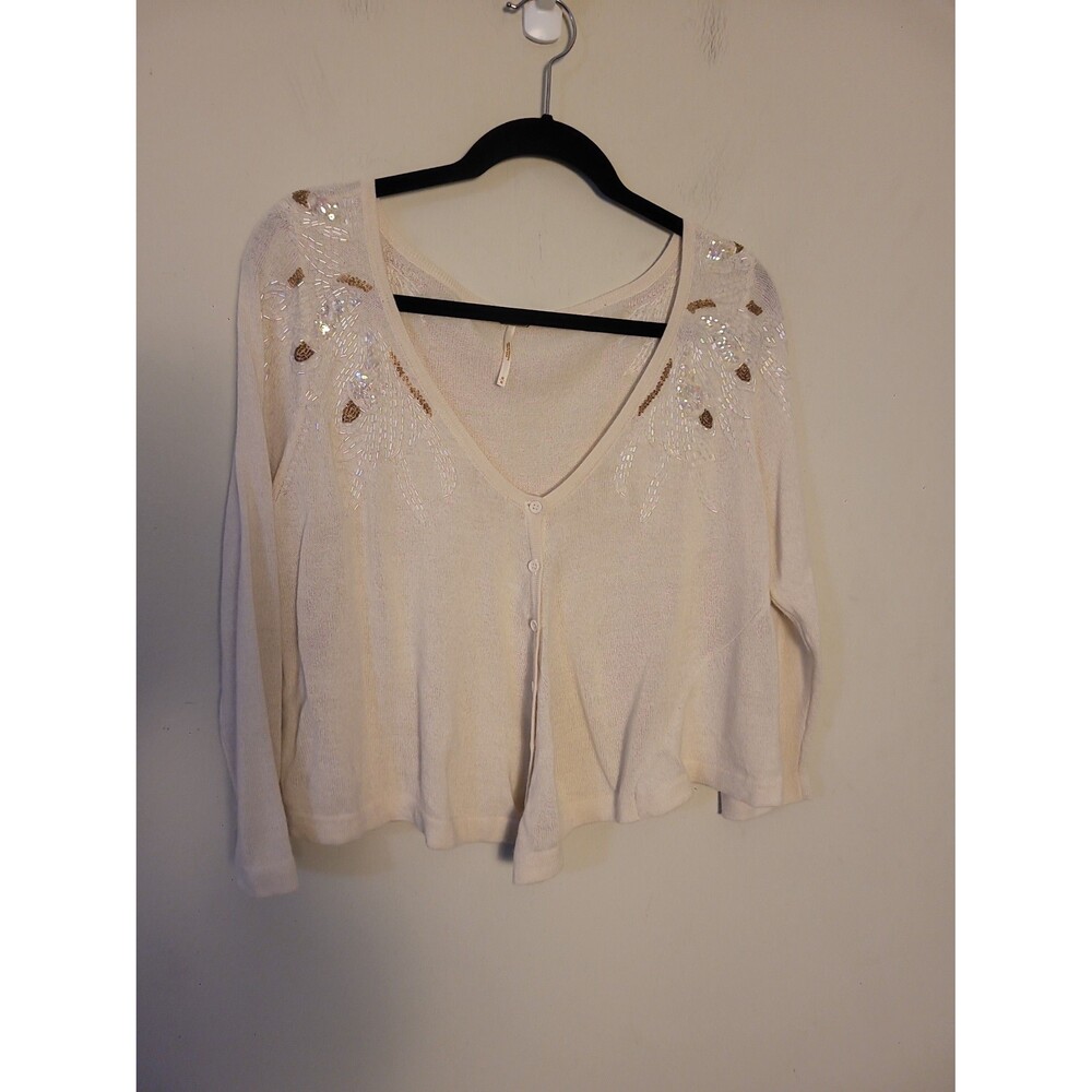 Free People Cream Wool Blend Crop Cardigan Sweater Sz M